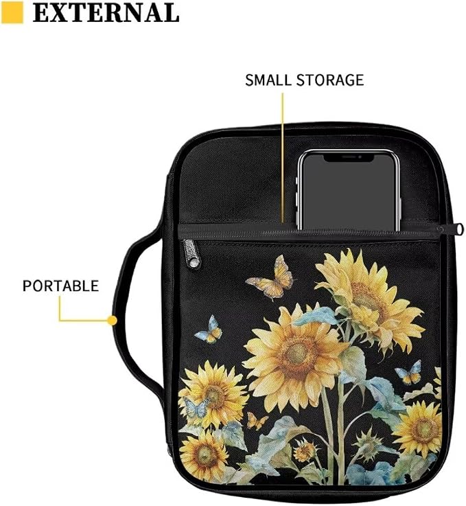 Coldinair Sunflower Bible Cover for Women Girls Butterfly Bible Case Scripture Study Carrying Book Cover Church Bag Protective with Handle and Zippered Pocket