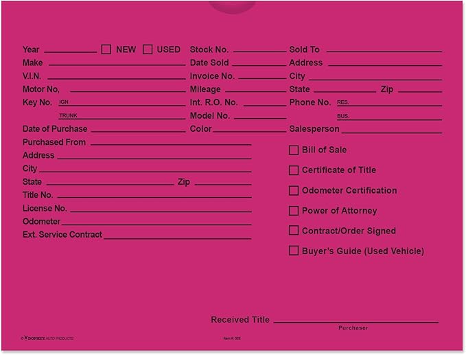 Printed Vehicle Deal Envelopes 9x12 Deal Jackets (100 shrink wrapped) (Fuchsia)
