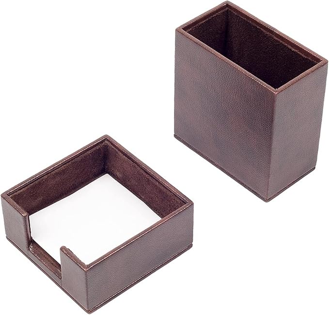 MOOGCO Brown Leather Desk Set - Pad, Note Paper Holder, Pen Holder, Coaster, Accessories, Organizer - Office Desktop Storage, Brown (3T)