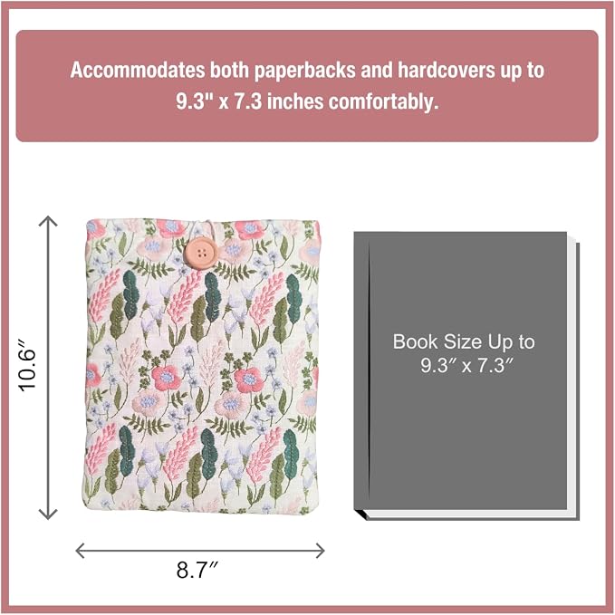 Floral Embroidered Canvas Book Sleeve - Elegant Book Cover, Padded Protector for Paperbacks & Hardcovers, Ideal for Book Lovers, Wooden Button (Lavender, Large)