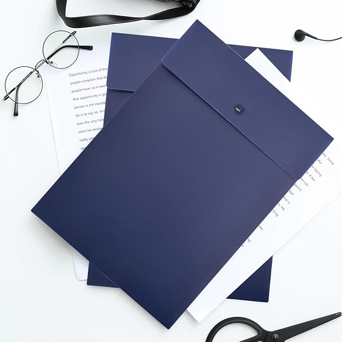 VANRA Vertical File Folders Poly Filing Envelope Plastic Project Folder with Snap Button Closure for A4 Letter Size Paper (Pack of 5, Navy Blue)