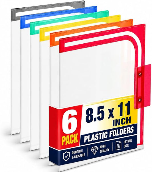 1InTheOffice Plastic File Folder, Letter Size 1/3-cut Sliding Top Tabs, Reinforced File Folder, Hard Plastic File Folders, Colored Tab Folders, Assorted Colors, 6 Pack