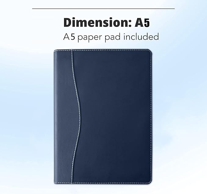 Mini Padfolio/Junior Portfolio Folder Case, Business A5 Binder Organizer Notepad for Men Women, 5 x 8 Writing Pad Included, Navy Blue