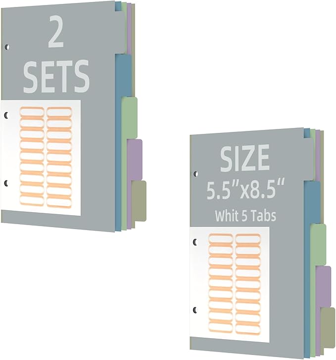 2 Pack 5.5“x8.5” Half Letter Binder Divider with 5 Tabs, Suitable for Half Letter Binder