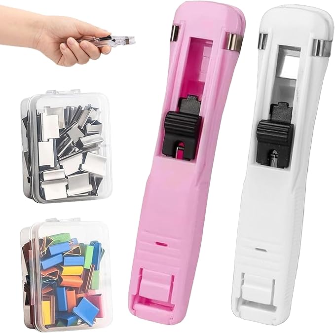 2026 New Portable Binder Clip Stapler, Includes 100 Reusable Clips, Handheld Paper No-Punch Folder, Mini Push Stapler Clamp Staplers for Home, School, and Office Document Binding (2pcsD)