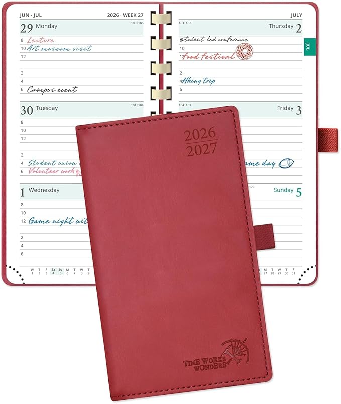 POPRUN Pocket Planner 2026-2027 (Slim Size 3.5'' x 6.5'') Academic Purse Calendar (July 2026 - June 2027) with Hourly Time Slots, 100GSM Thick Paper, Spiral Soft Cover - Burgundy