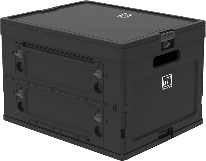 Wellmax Collapsible Crate with Lid - 44lbs Stackable Foldable Crate for Groceries, Office & Car Trunk Organizing - Black