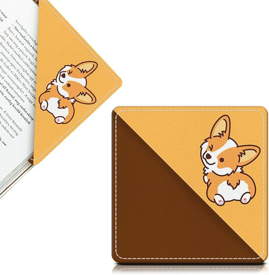 Cute Leather Bookmarks, Fun Triangle Making Corner Bookmark, Book Accessories for Reading Book Lovers, Unbreakable Page Markers for Women Men Yellow Cute Corgi Dog