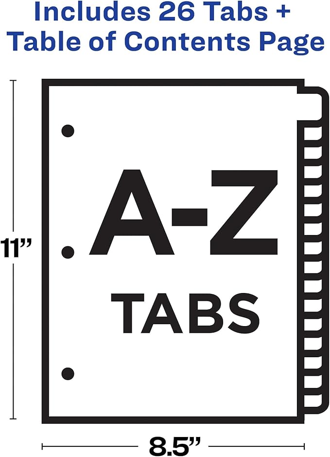 Avery A-Z Dividers for 3 Ring Binders, 26 Tabs per Set, Customizable Table of Contents, Multicolor Tabs, Great for Organizing Reports, Projects, and More (11125)