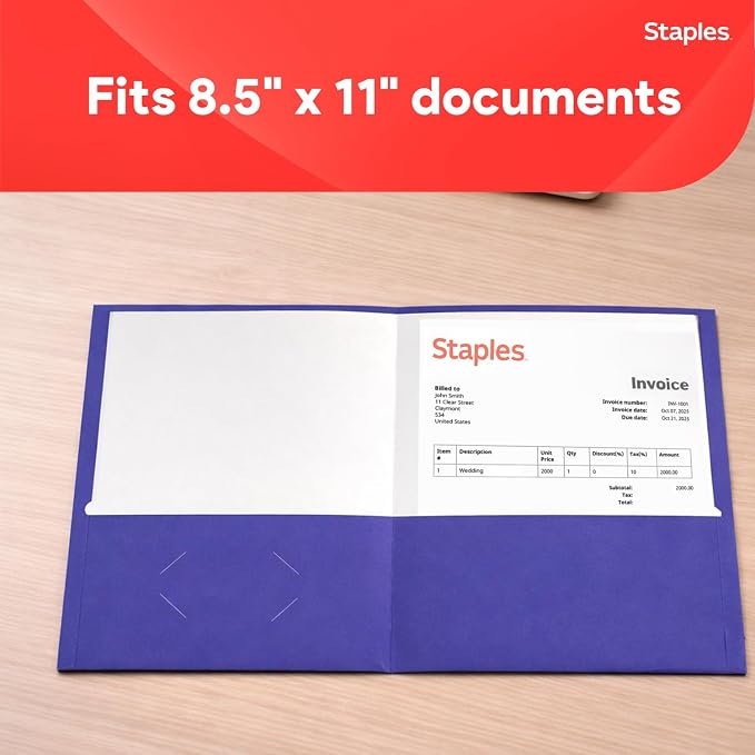 Staples 2‑Pocket Paper Folders, Indigo, Durable Letter‑Size Cardstock, Ideal for School & Office Organization, 25/Pack