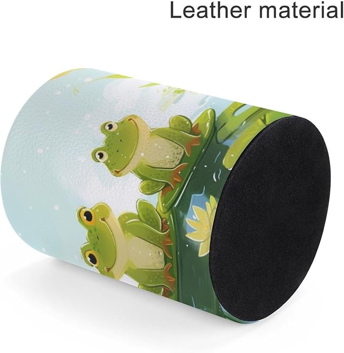 Four Happy Frogs on Lily Pads Pencil Holder Round Pen Cup Sunny Day Time PU Leather Marker Holder Makeup Brush Holders Desk Accessories Workspace Organizers for Home School Office
