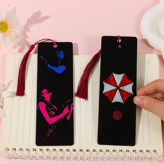 2 Pack Acrylic Bookmark Set with Red Tassels, Double Sided Survival Horror Inspired Book Markers, Anime Style Reading Accessories, Tactical Character Gift for Book Lovers Students Readers(2Pcs Evil)