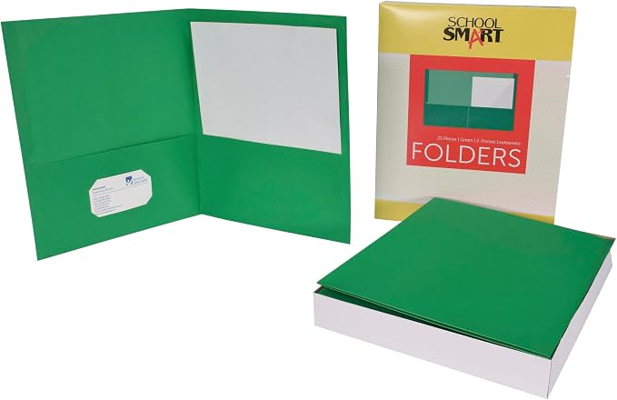 School Smart 2-Pocket Folders with No Brads, Green, Pack of 25