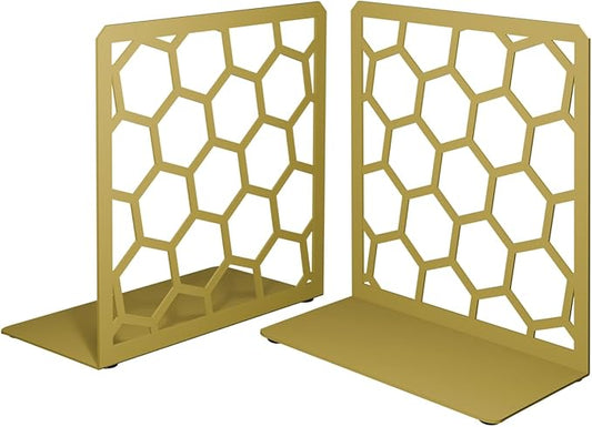 Gold Geometric Honeycomb Metal Bookends - Book Ends for Shelves - Decorative Modern Heavy Duty Bookend Stopper - Book Ends for Heavy Books - Home Office Book Holder - 1 Pair, 6x3.25x6.25 in