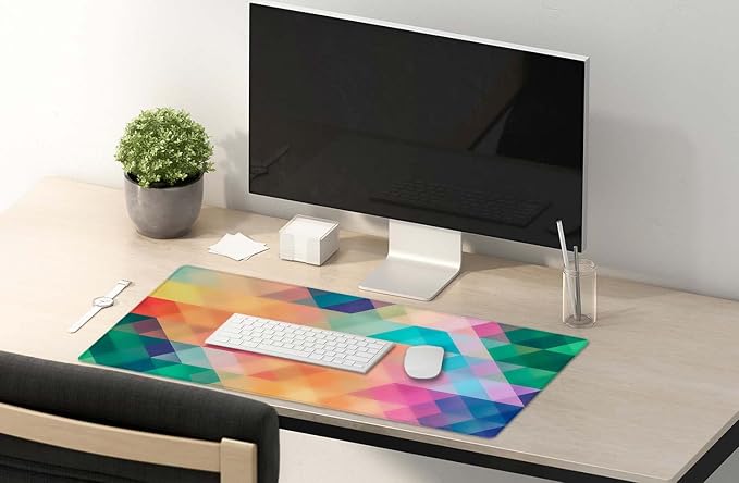 SSOIU Colorful Triangles Print Extended Gaming Mouse Pad (35.5x15.7 in), Large Non-Slip Rubber Base Mousepad with Stitched Edges, Waterproof Keyboard Mouse Mat Desk Pad for Work, Game, Office, Home