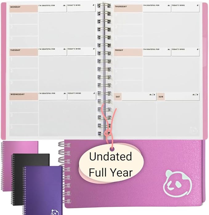 Panda Planner 2026 Undated Weekly Planner, Weekly To Do List Notebook with Spiral Binding - 5.75” x 8.25”, 52 Weeks - Undated Planner with Habit Tracker Notebook for Home, School & Office (Pink)