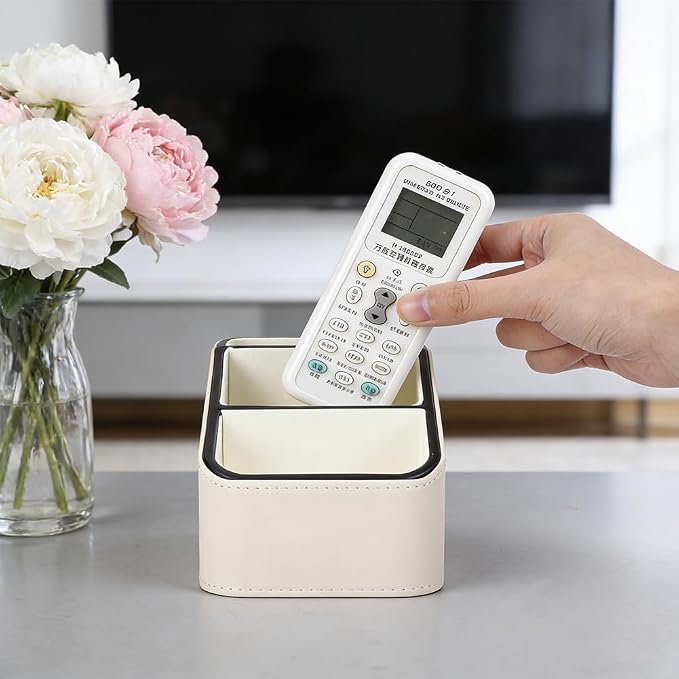 UNICRAFTALE PU Leather Remote Control Holder Organizer 3-Grid Desk Organizer Bedside Table Caddy Remot Organizers for TV Remote Pen Glasses Office Supplies Home Decor White 6.69x3.94x3.94 Inch