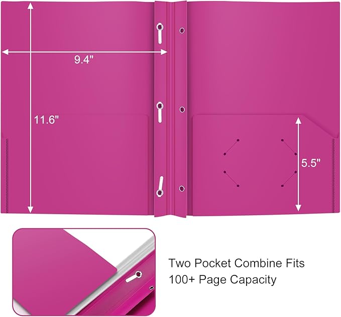 ViVin 12 Pack Plastic Folders with Pockets and Prongs, Heavy Duty 2 Pocket Folders with 3-Prong Fasteners, Poly File Holds 8-1/2" x 11" Paper for School Office Home (Purple)