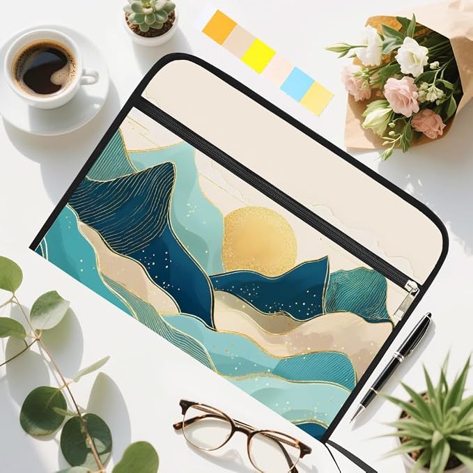 WEBEEDY Boho Mountains Expanding File Folder Bohemia Sunset 13 Pockets Accordion File Organizer with Labels and Zipper Portable Accordion Folder Document Organiser for A4 Paper Photo Receipt Paperwork