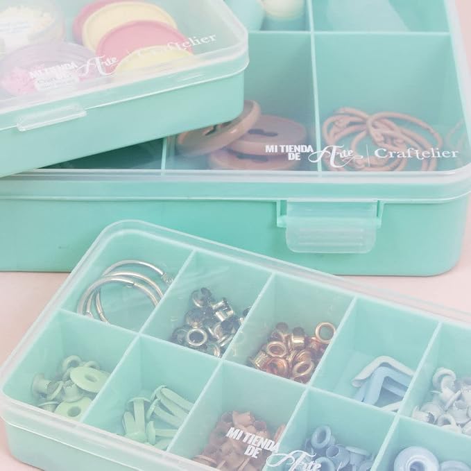 Craftelier - Organizing Box with 10 Compartments for Scrapbooking and Craft Materials | Dimensions 26.5 x 17.8 x 4.2 cm (10.4“ x 7” x 1.65") - Turquoise and Transparent Color