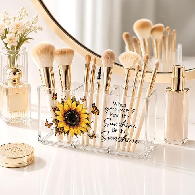 Be The Sunshine Acrylic Pen Holder for Desk, Sunflower Butterfly Desk Organizer Decor for Office Home, Inspirational Back to School Graduation Gifts for Women Teachers Students Coworkers Friends
