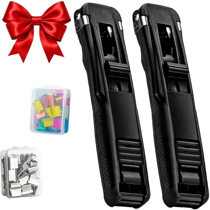 Portable Binder Clip Stapler Mini-Includes 58 Reusable Clips, Reusable Desktop Stapler with Clip Dispenser，Mini Push Stapler Clamp Staplers for Desktop Document Home School Desk (2PCS C)