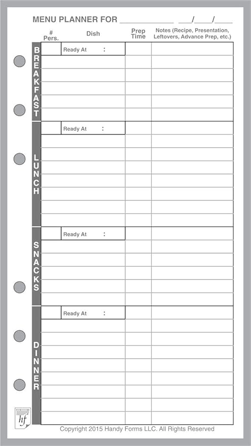 Personal Size Menu Planner and Shopping List, Sized and Punched for Filofax Personal Notebook (3.7" x 6.75")