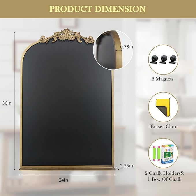 Vintage Magnetic Arch Chalkboard with Shelf - 24"x36" Decorative Wall Mounted Ornate Gold Framed Blackboard with Chalk, Clips & Cloth - Elegant Wedding Sign & Kitchen Menu Home Decor