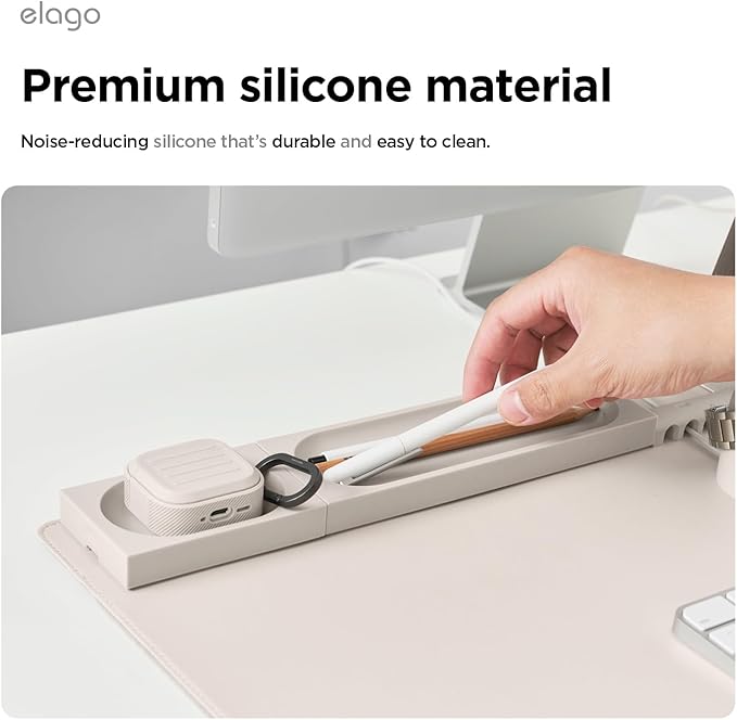 elago Smart Magnetic Desk Mat Pencil Tray – Soft Silicone Organizer for Office Supplies, AirPods, Glasses, Pens – Noise-Free, Non-Slip, Washable, Item for Desk Management [Medium-Small Set] (Stone)