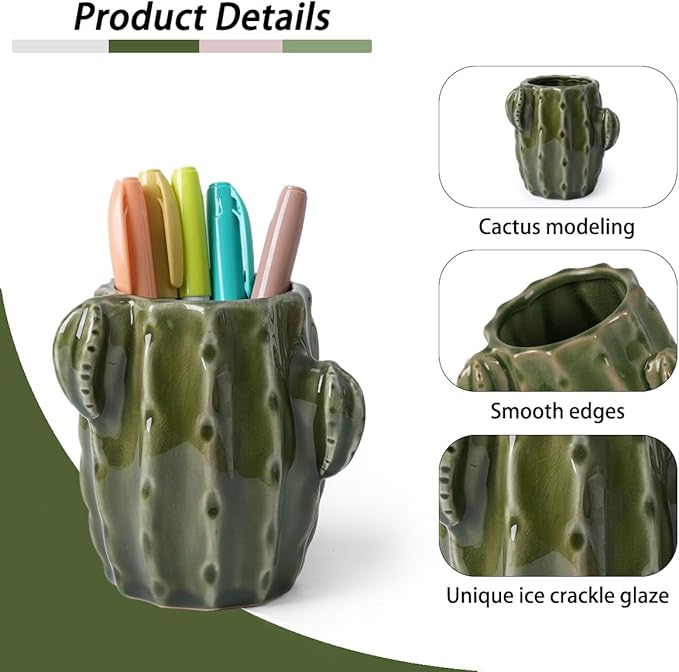 Ceramic Cactus Pen Holder, Cactus Decor Cute Pencil Holder, Makeup Brush Holder for Home, Office Desk Accessories(Dark Green)