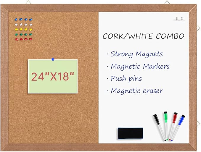 Combination Magnetic Whiteboard Cork Bulletin Board, 24" X 18“ Combo Dry Erase White Board Cork Pin Board for Wall with Natural Wood Frame…