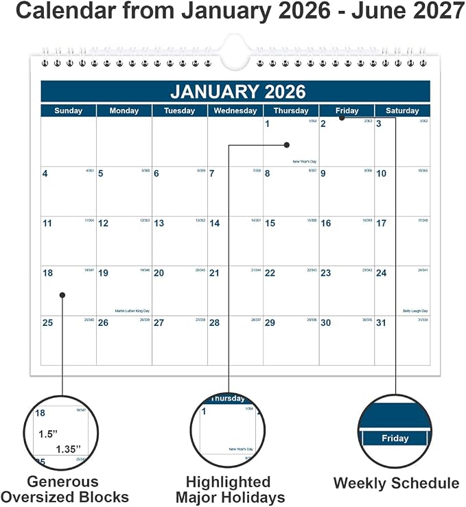 Calendar 2026-2027 - Monthly Wall Calendar from July 2026 - June 2027, Spiral Binding Hanging Wall Calendar 2026 for Home/Office, 8.5" x 11", Blue