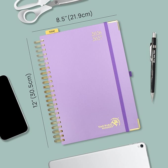 POPRUN 2026-2027 Daily Planner One Page Per Day, Large Size 8.5" x 12", Daily Calendar Book with July 2026 to June 2027, Academic Hardcover Appointment Book with Hourly Time Slots, Spiral Bound, Monthly Tabs - Navy Blue