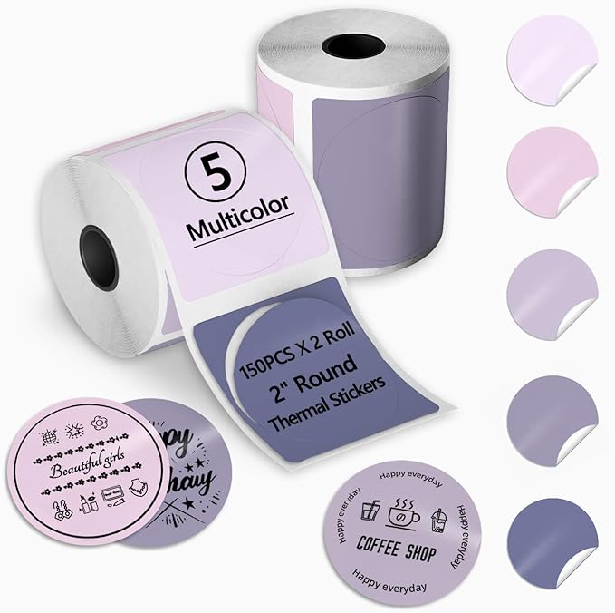 300PCS 2 Inch Thermal Circle Sticker Labels for Label Printer, Pink-Purple Series Custom Stickers for Makeup, Perfume, Candle, 2x150PCS/ Roll Round Stickers with PL70E/ PL80E/ Y812/ X1038 Label Maker