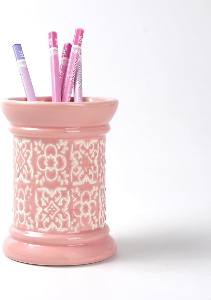 Printed Pencil Holder, Cute Pen Holder for Desk, Ceramic Carved Cylinder Pencil Holder, Office Decoration Container Islamic Style(Pink)