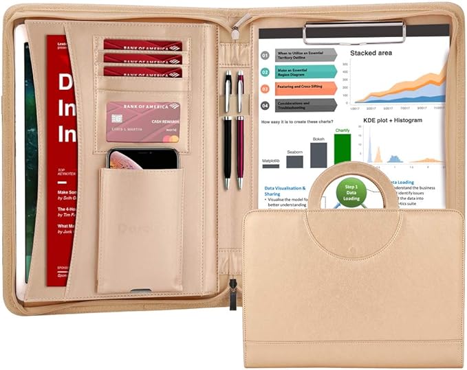 Darolin Zippered Leather Padfolio Portfolio with Hidden Handle and Clipboard, Business Conference Organizer Notepad Folder, Portfolio Bag, Padfolio for Women/Men (Gold)