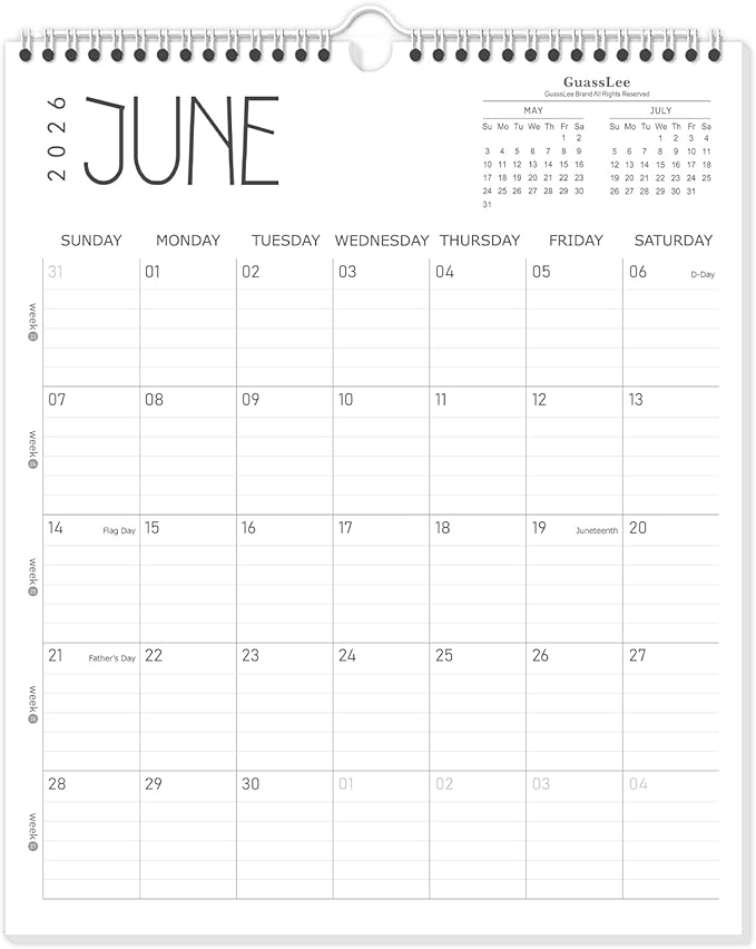 Guasslee Wall Calendar 2026-2027, 14"x11.5" Vertical Wall Calendar 2026, 13-Month Desk/Wall Calendar From 2026 Jun - 2027 Jun, Monthly Hanging Planner Spiral Bound For School Home Office Organizing