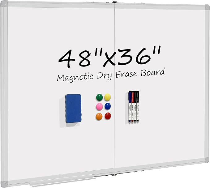 Dry Erase White Board 48 X 36 Inch, Wall-Mounted Silver Aluminum Frame Marker Presentation Board, 4' X 3' Foldable Portable Whiteboard with Pen Tray for School, Classroom, Office & Home