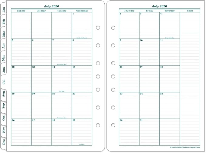 FranklinCovey - Original Ring-Bound Planner Refill - Two Page Per Month Calendar Tabs (Classic, Jul 2026 - Jun 2027)