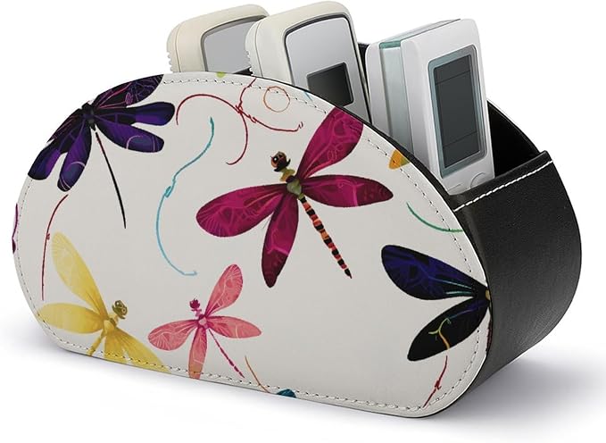 Colorful Dragonfly Remote Control Holder TV Remote Caddy with 5 Compartments PU Leather Storage Box Stylish Desk Organizer for TV/DVD/Accessories Desk Office Supplies Home