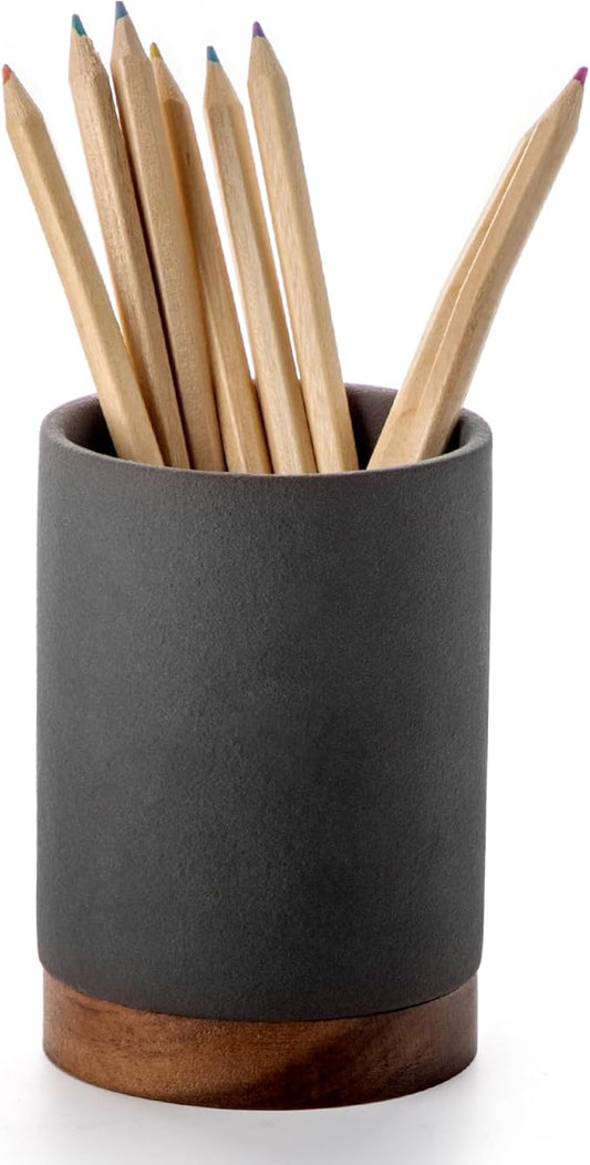 Ceramic Pen Holder for Desk, Pencil Organizer & Makeup Brush Holder, Office Decor and Desk Accessories, Perfect Office Organization, Teacher Supplies (Dark Grey, Set of 1)