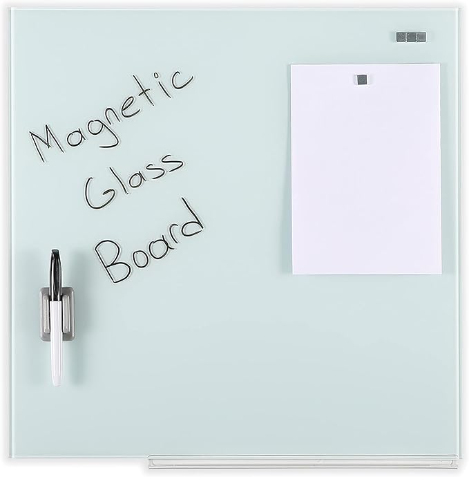 M&T Displays Wall Mounting Tempered Glass Dry Erase Write On Board Set Clear with Whiteboard Marker 4 Magnetic Pins for Office School Home Kids (17.72x17.72 inch)