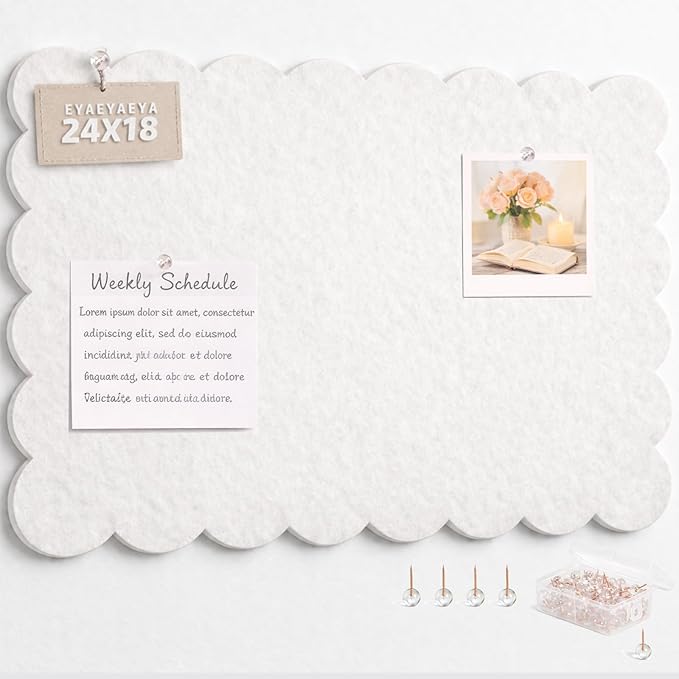 Scalloped Felt Bulletin Board 24 x 18 Inches, Decorative Wall Pin Board for Dorm, College & Bedroom, Memo Board for Photos, Notes & Study Display (Warm Beige)