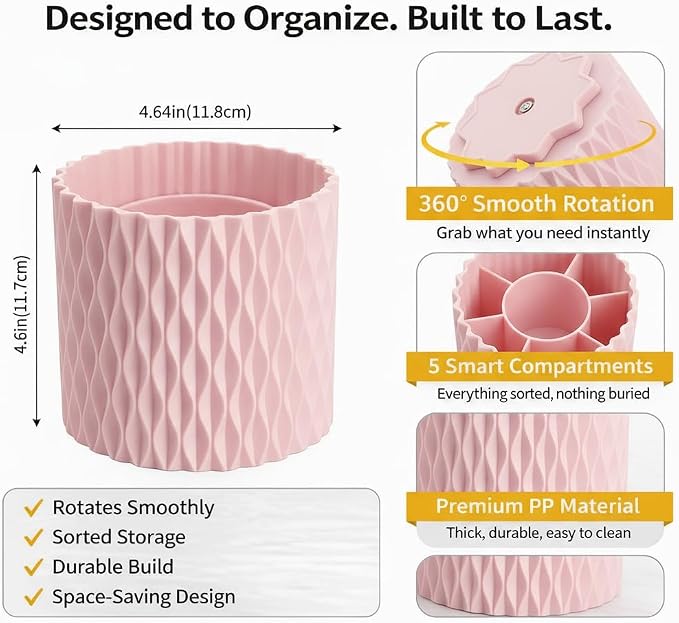 Pink Pen Holder for Desk, 360° Rotating Pencil Holder with 5 Slots - Spinning Desk Organizer & Pencil Cup for Art Supply, Office Pen Organizer for Home, School, Desk Accessories