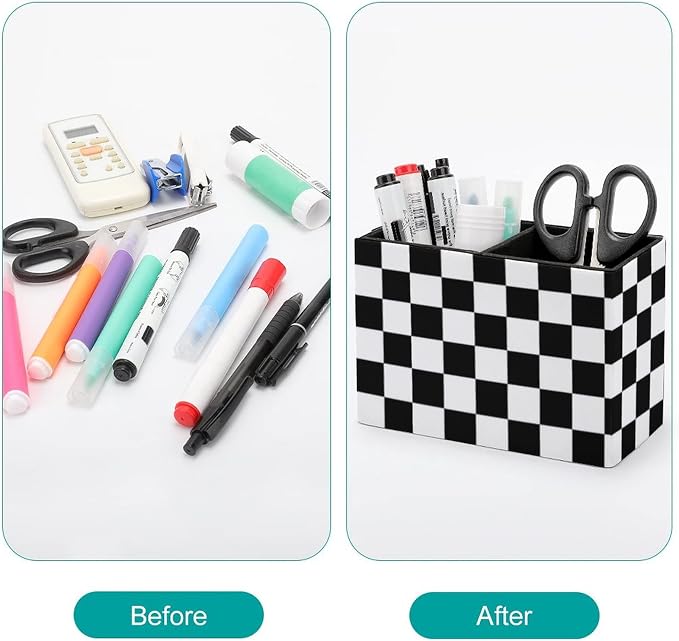 Black and white checkered pen holder storage box, with two compartments, PU leather desktop for storing pens and cups, small items organizer