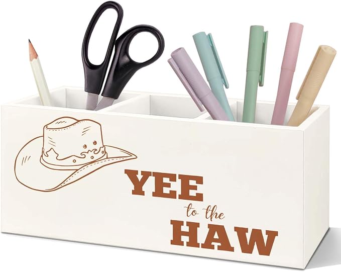 SNNDER Boho Western Pen Holder for Desk, Rustic Country Western Cowboy Wooden Box Sign Desk Decor for Home Office Tabletop Shelf Decoration, Yee to the Haw Pencil Organizer, Cowboy Cowgirl Gifts