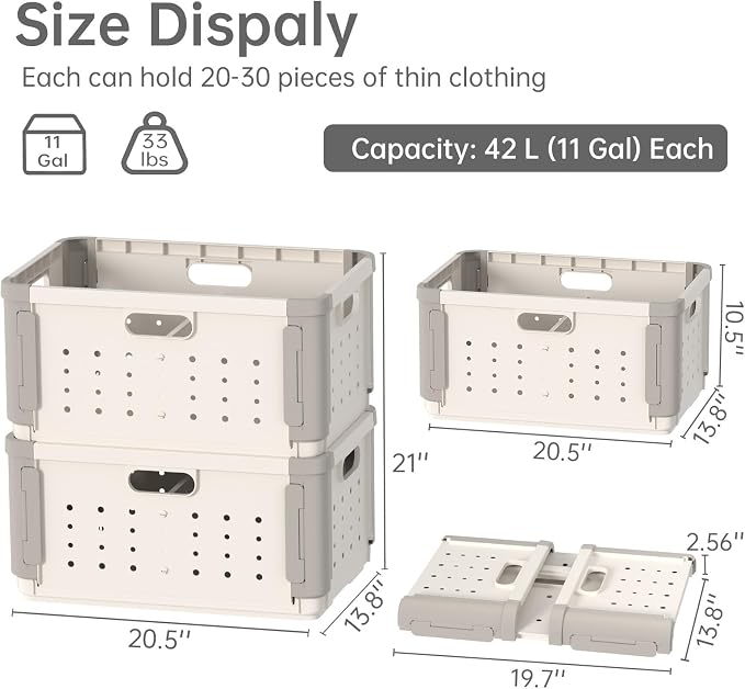 Plastic Folding Storage Baskets 2 Section, 42L Collapsible Storage Crates with Handles, Stackable Heavy Duty Versatile Box Organizers for Clothes, Books, Snacks, Shoes and Grocery - 2 Pack