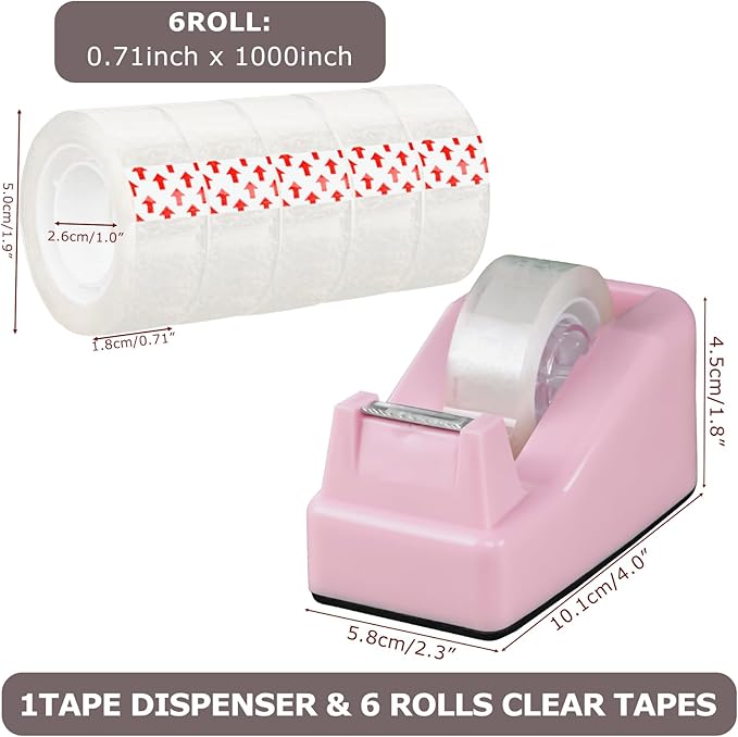 Desktop Tape Dispenser Pink with Weighted Nonskid Base - Includes 6 Rolls of Transparent Tape (0.71 Inch x 1000 inches Each)