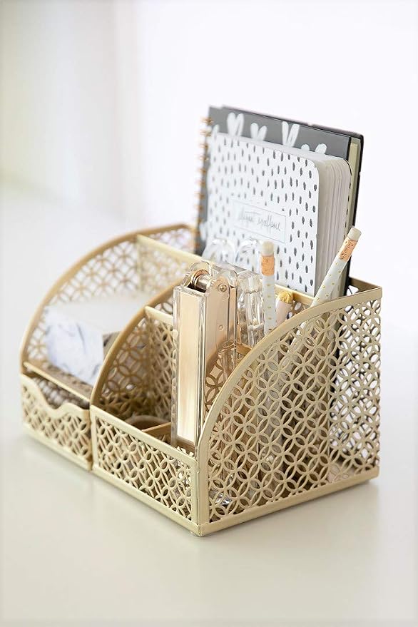 BLU MONACO Gold Desk Organizer – Designer Metal with Gold Finish, Storage for Paper & Office Supplies, Decorative Storage for Home or Office