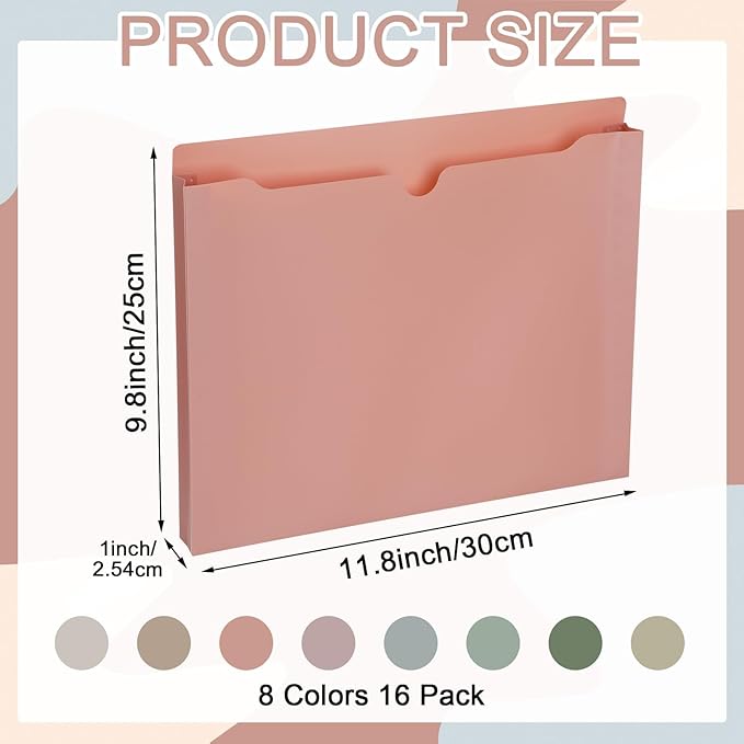 gisgfim 16 Pack Plastic File Jackets Letter Size, 1 inch Expanding File Pockets Reinforced Heavy Duty File Folder Jackets for Office, School Document Organizer (Morandi)